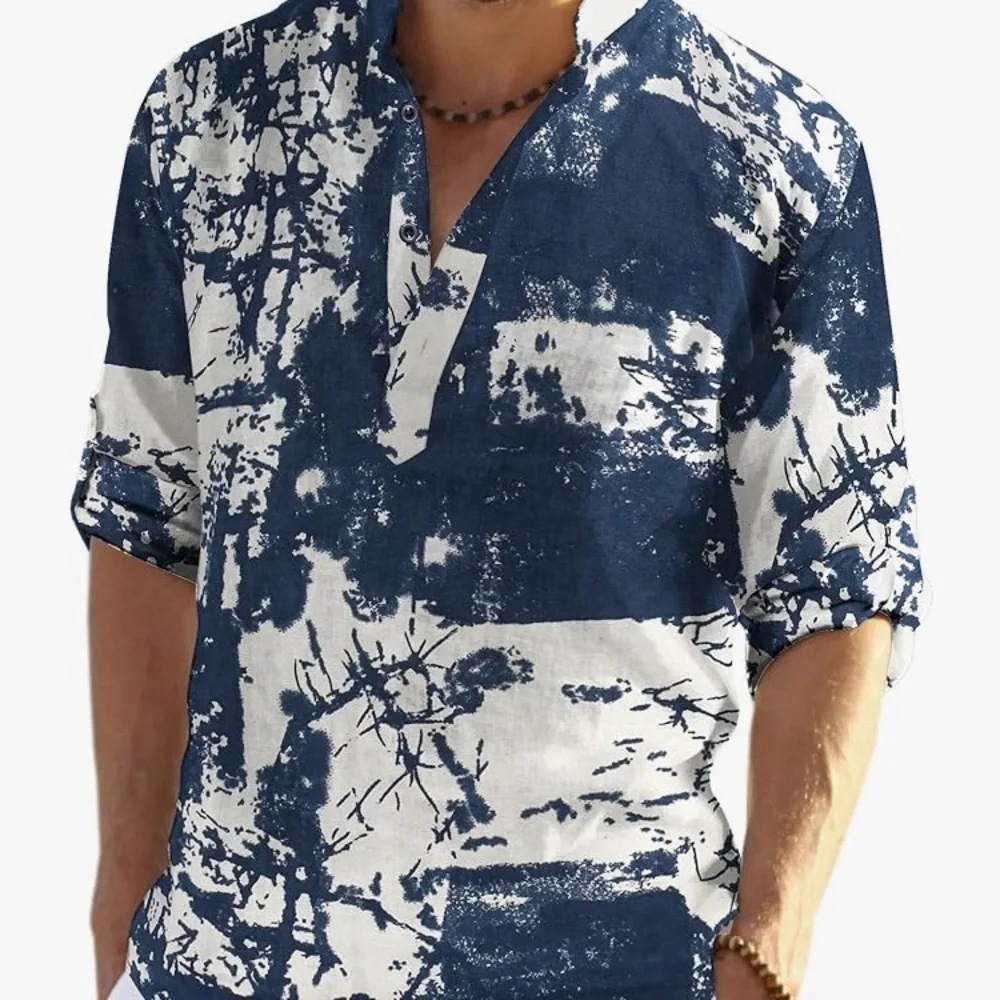 🔥 NWT COOFANDY man’s navy/white long sleeve Henley, neck, cotton shirt size XXL - Picture 3 of 11